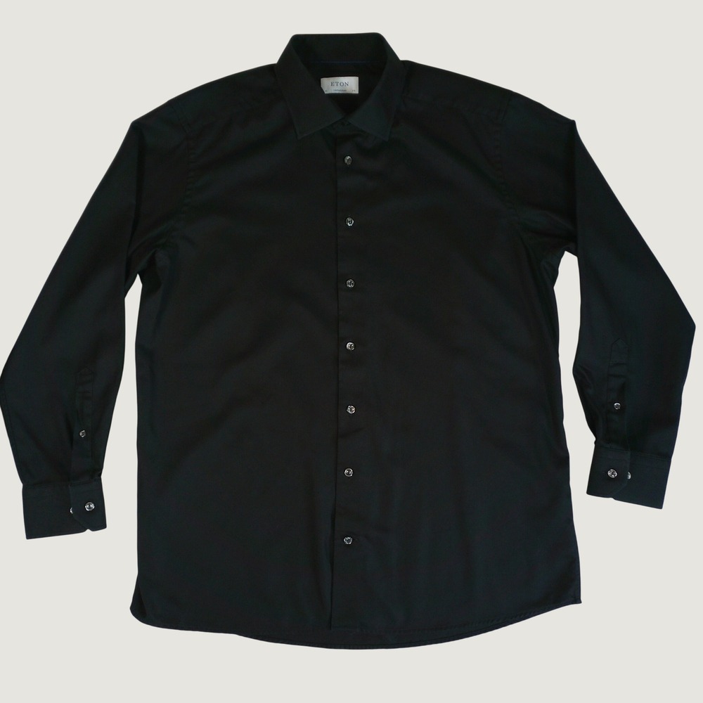 Eton Dress Shirt Mens 45 17.75 Black Excellent Textured Twill Diagonal Weave